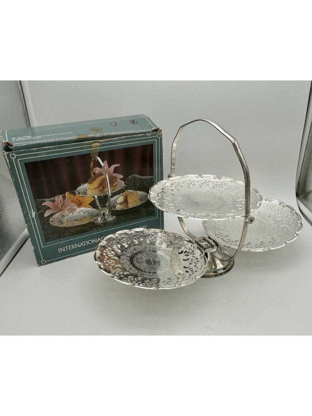 Silverplated 3 Tier Foldable Cake Tray-International Silver Co.-Original Box